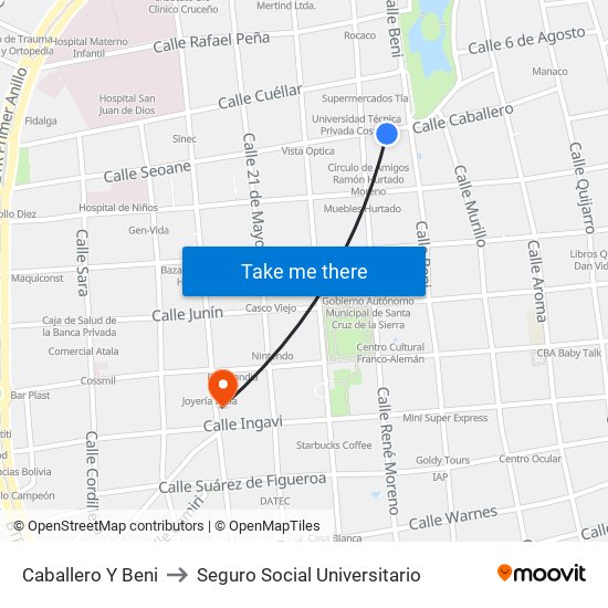 Caballero Y Beni to Seguro Social Universitario map