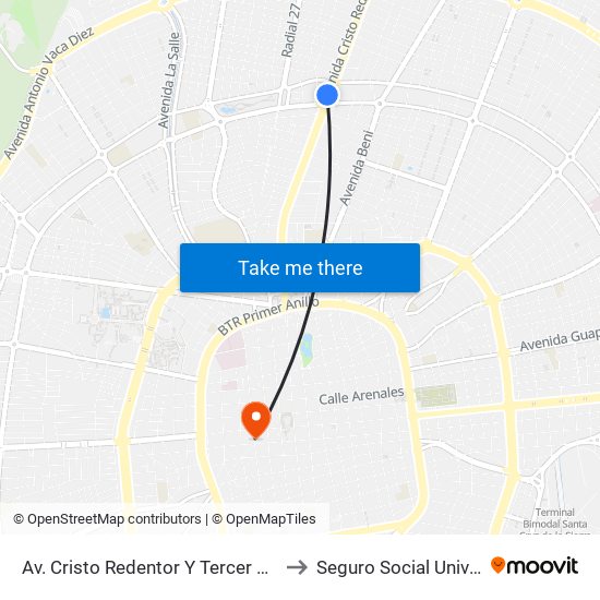 Av. Cristo Redentor Y Tercer Anillo Interno to Seguro Social Universitario map