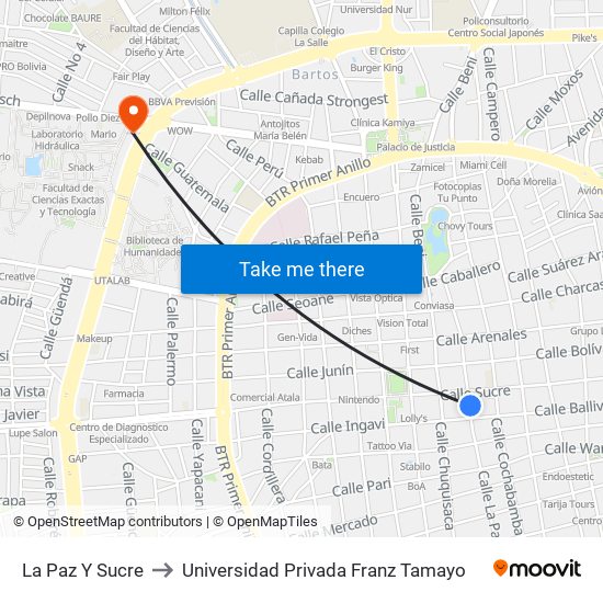 La Paz Y Sucre to Universidad Privada Franz Tamayo map