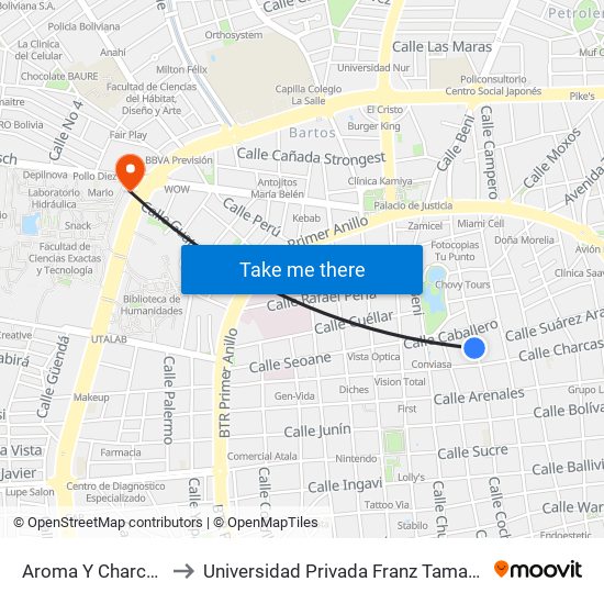 Aroma Y Charcas to Universidad Privada Franz Tamayo map