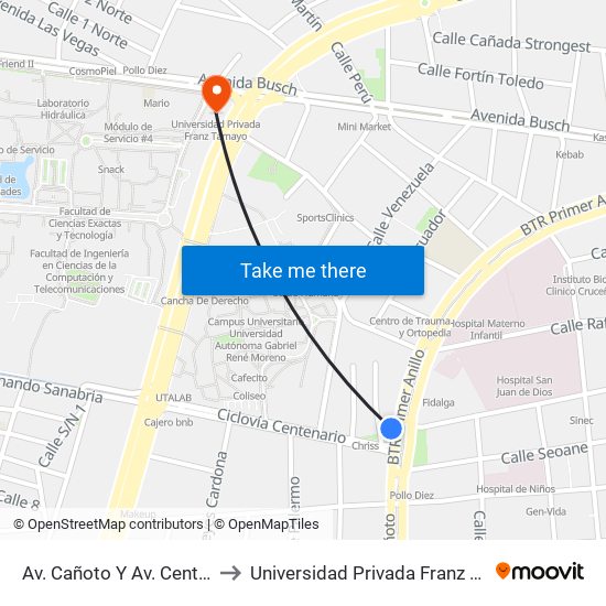 Av. Cañoto Y Av. Centenario to Universidad Privada Franz Tamayo map