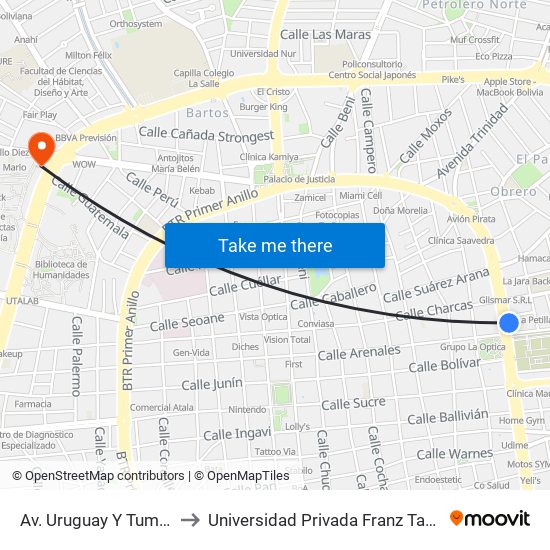 Av. Uruguay Y Tumusla to Universidad Privada Franz Tamayo map