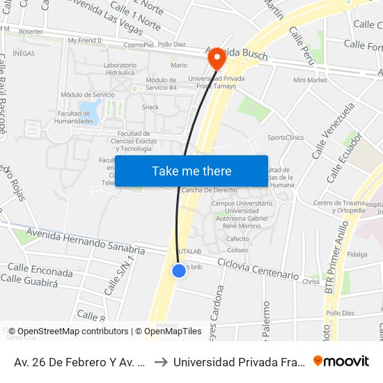 Av. 26 De Febrero Y Av. Centenario to Universidad Privada Franz Tamayo map