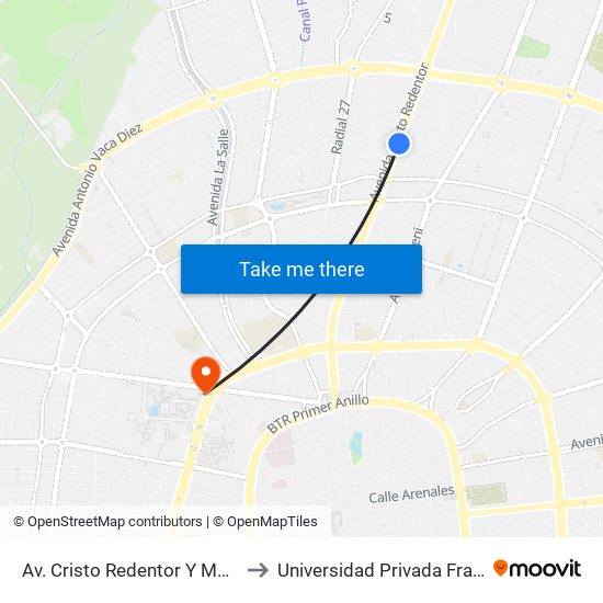 Av. Cristo Redentor Y Manuel Marcó to Universidad Privada Franz Tamayo map