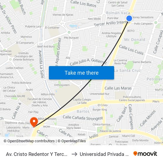 Av. Cristo Redentor Y Tercer Anillo Externo to Universidad Privada Franz Tamayo map