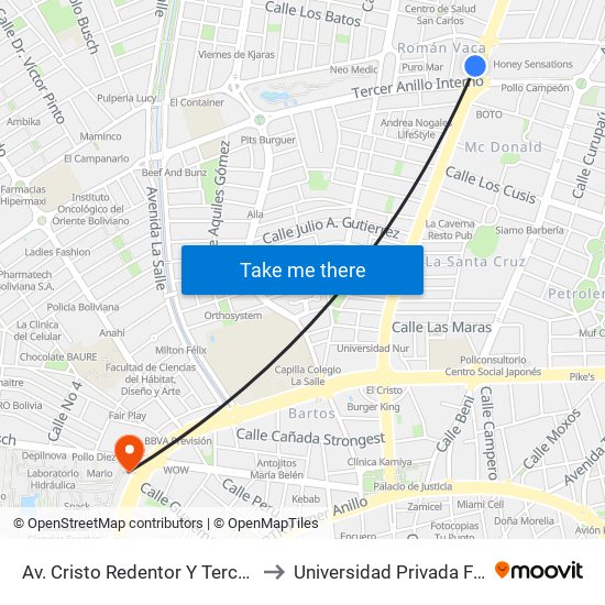 Av. Cristo Redentor Y Tercer Anillo Interno to Universidad Privada Franz Tamayo map