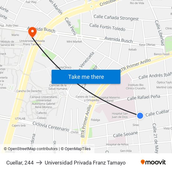 Cuellar, 244 to Universidad Privada Franz Tamayo map