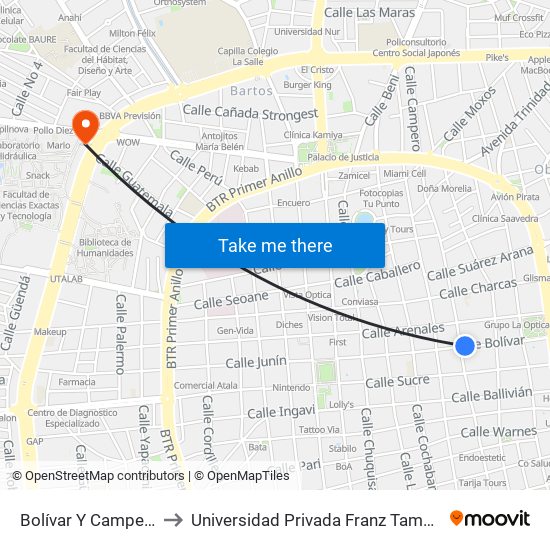 Bolívar Y Campero to Universidad Privada Franz Tamayo map