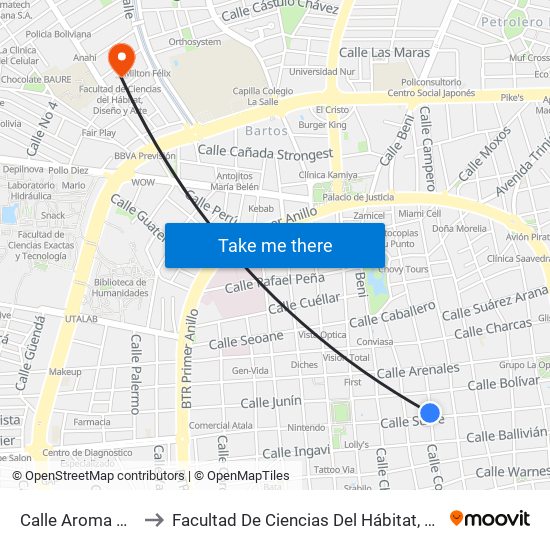 Calle Aroma Y Sucre to Facultad De Ciencias Del Hábitat, Diseño Y Arte map
