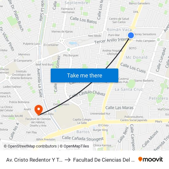 Av. Cristo Redentor Y Tercer Anillo Externo to Facultad De Ciencias Del Hábitat, Diseño Y Arte map