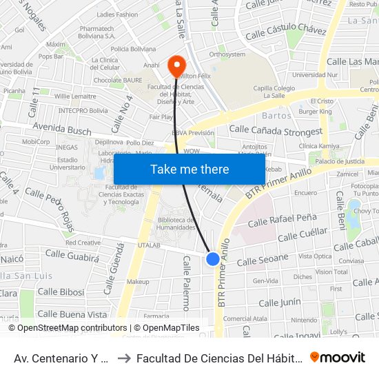 Av. Centenario Y Av. Cañoto to Facultad De Ciencias Del Hábitat, Diseño Y Arte map