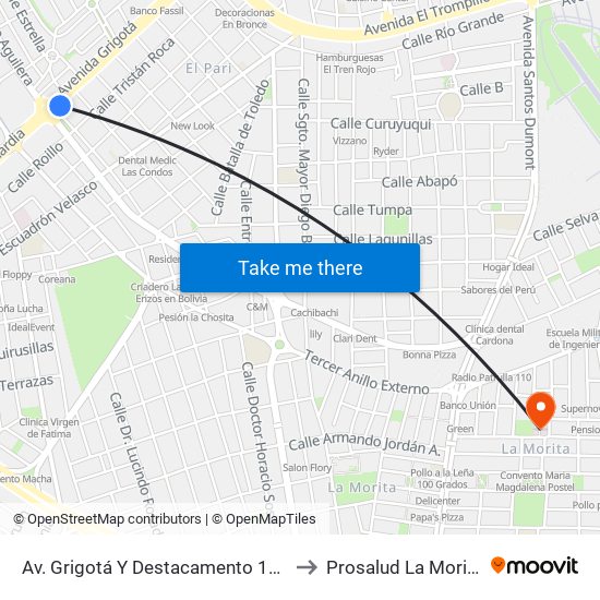 Av. Grigotá Y Destacamento 115 to Prosalud La Morita map