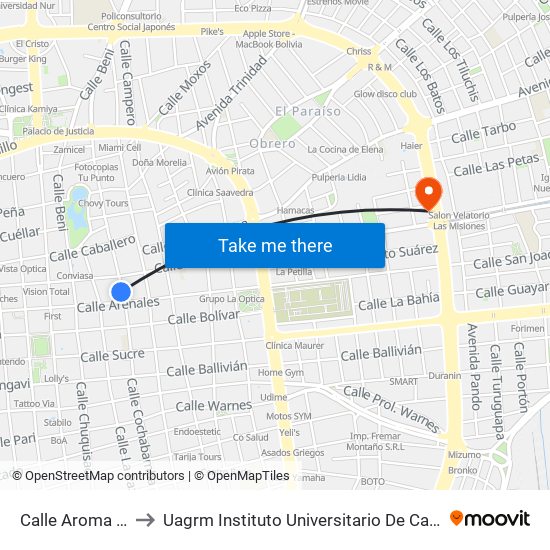 Calle Aroma Y Arenales to Uagrm Instituto Universitario De Capacitación Popular (Icap) map