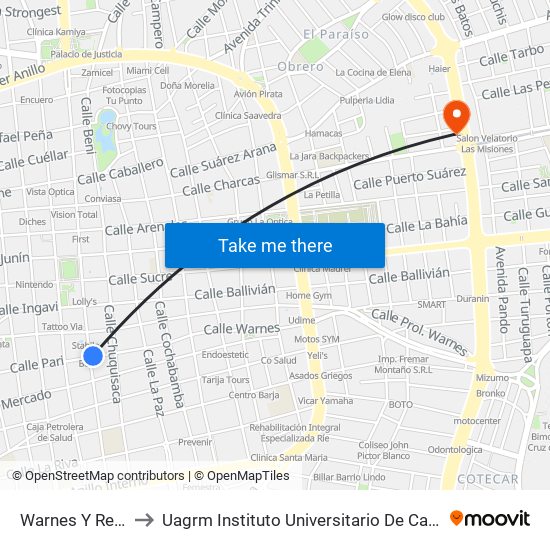 Warnes Y René Moreno to Uagrm Instituto Universitario De Capacitación Popular (Icap) map