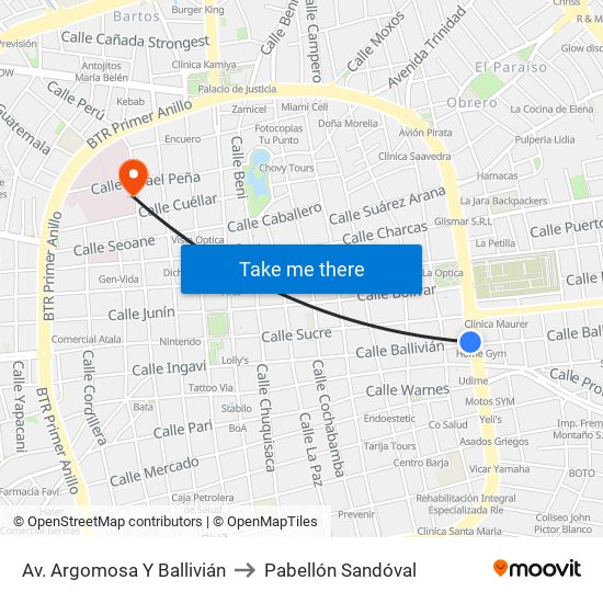 Av. Argomosa Y Ballivián to Pabellón Sandóval map