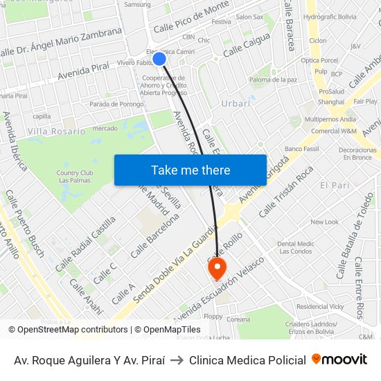 Av. Roque Aguilera Y Av. Piraí to Clinica Medica Policial map