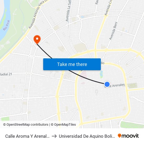 Calle Aroma Y Arenales to Universidad De Aquino Bolivia map