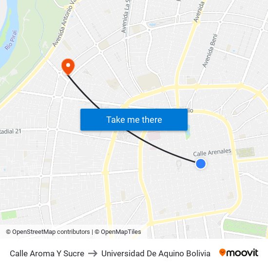 Calle Aroma Y Sucre to Universidad De Aquino Bolivia map