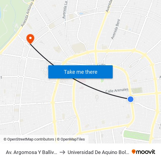 Av. Argomosa Y Ballivián to Universidad De Aquino Bolivia map