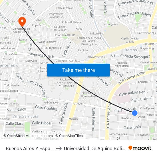 Buenos Aires Y España to Universidad De Aquino Bolivia map