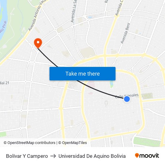 Bolívar Y Campero to Universidad De Aquino Bolivia map