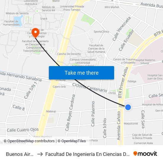 Buenos Aires Y Av. Cañoto to Facultad De Ingeniería En Ciencias De La Computación Y Telecomunicaciones map