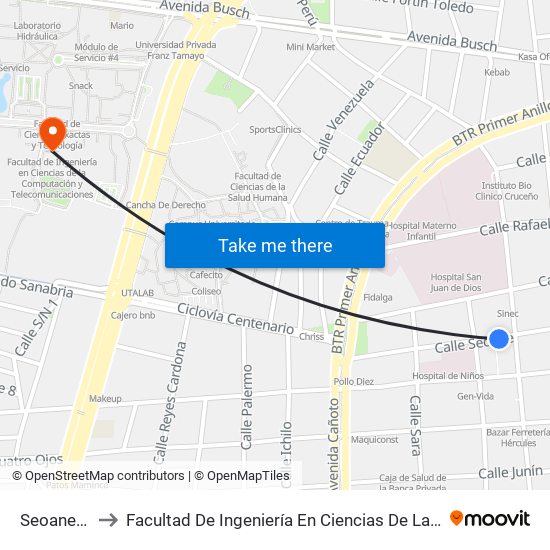 Seoane Y España to Facultad De Ingeniería En Ciencias De La Computación Y Telecomunicaciones map