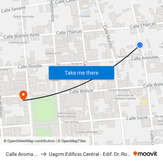Calle Aroma Y Arenales to Uagrm Edificio Central - Edif. Dr. Romulo Herrera Justiniano map