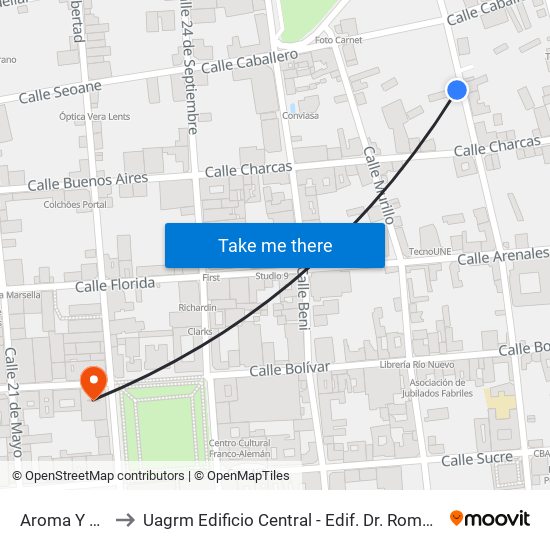 Aroma Y Charcas to Uagrm Edificio Central - Edif. Dr. Romulo Herrera Justiniano map