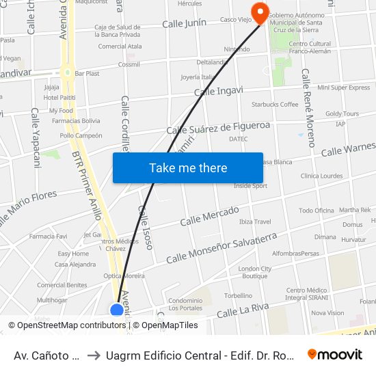 Av. Cañoto E Itatines to Uagrm Edificio Central - Edif. Dr. Romulo Herrera Justiniano map