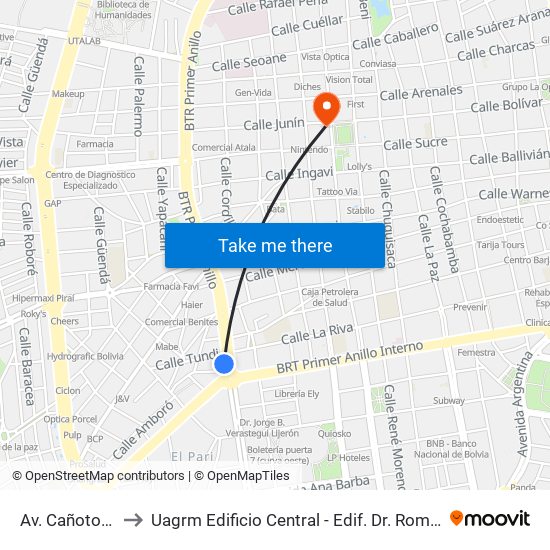 Av. Cañoto Y Chané to Uagrm Edificio Central - Edif. Dr. Romulo Herrera Justiniano map