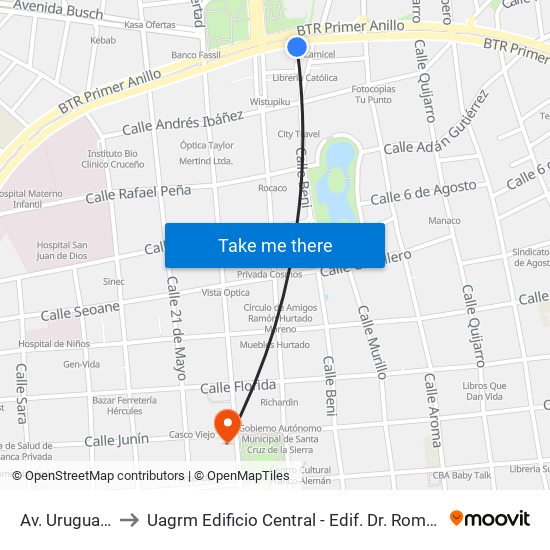Av. Uruguay Y Beni to Uagrm Edificio Central - Edif. Dr. Romulo Herrera Justiniano map