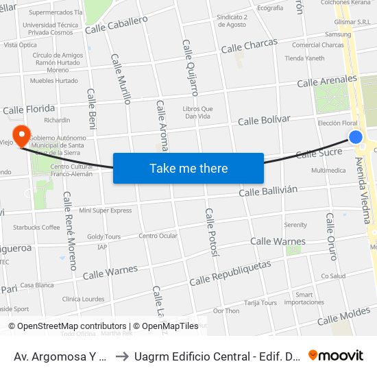 Av. Argomosa Y Av. Melchor Pinto to Uagrm Edificio Central - Edif. Dr. Romulo Herrera Justiniano map