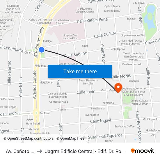 Av. Cañoto Y Cuéllar to Uagrm Edificio Central - Edif. Dr. Romulo Herrera Justiniano map