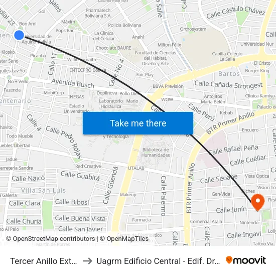 Tercer Anillo Externo Y Radial 23 to Uagrm Edificio Central - Edif. Dr. Romulo Herrera Justiniano map