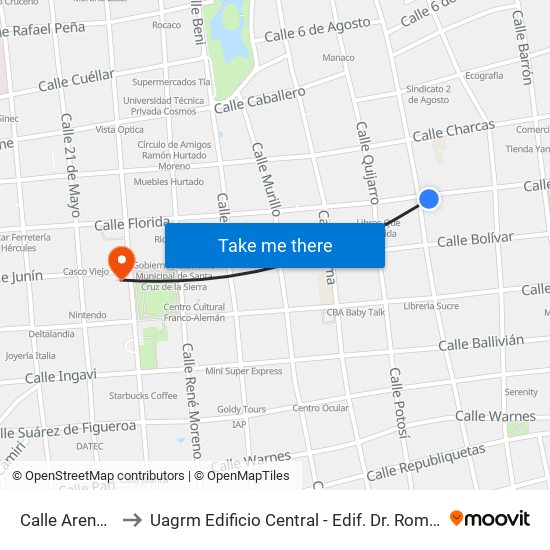 Calle Arenales, 524 to Uagrm Edificio Central - Edif. Dr. Romulo Herrera Justiniano map