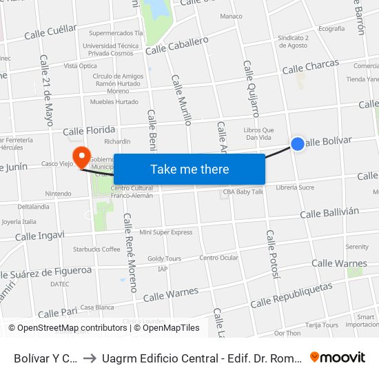 Bolívar Y Campero to Uagrm Edificio Central - Edif. Dr. Romulo Herrera Justiniano map