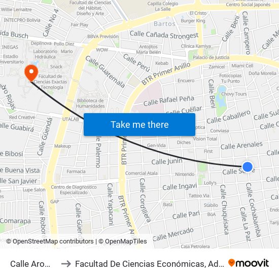 Calle Aroma Y Sucre to Facultad De Ciencias Económicas, Administrativas Y Financieras map