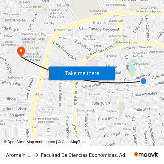 Aroma Y Charcas to Facultad De Ciencias Económicas, Administrativas Y Financieras map