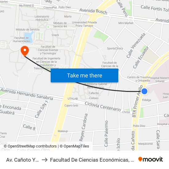 Av. Cañoto Y Rafael Peña to Facultad De Ciencias Económicas, Administrativas Y Financieras map