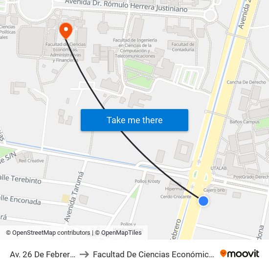 Av. 26 De Febrero Y Av. Centenario to Facultad De Ciencias Económicas, Administrativas Y Financieras map