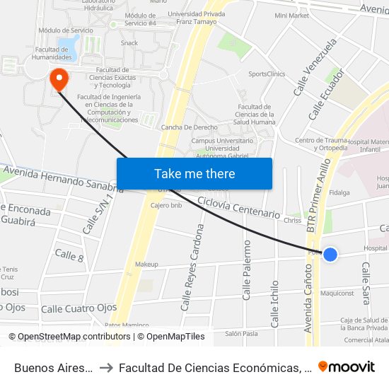 Buenos Aires Y Av. Cañoto to Facultad De Ciencias Económicas, Administrativas Y Financieras map