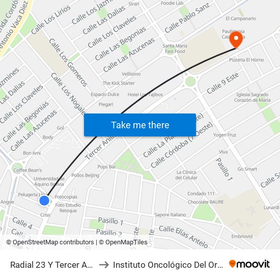 Radial 23 Y Tercer Anillo Interno to Instituto Oncológico Del Oriente Boliviano map