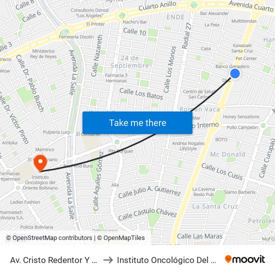 Av. Cristo Redentor Y Manuel Marcó to Instituto Oncológico Del Oriente Boliviano map