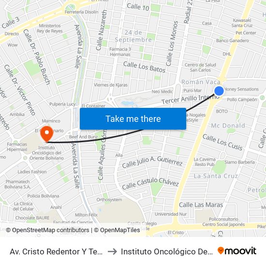 Av. Cristo Redentor Y Tercer Anillo Externo to Instituto Oncológico Del Oriente Boliviano map