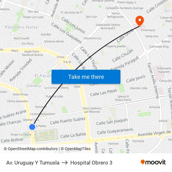 Av. Uruguay Y Tumusla to Hospital Obrero 3 map