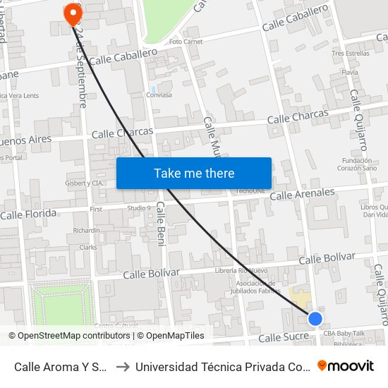 Calle Aroma Y Sucre to Universidad Técnica Privada Cosmos map