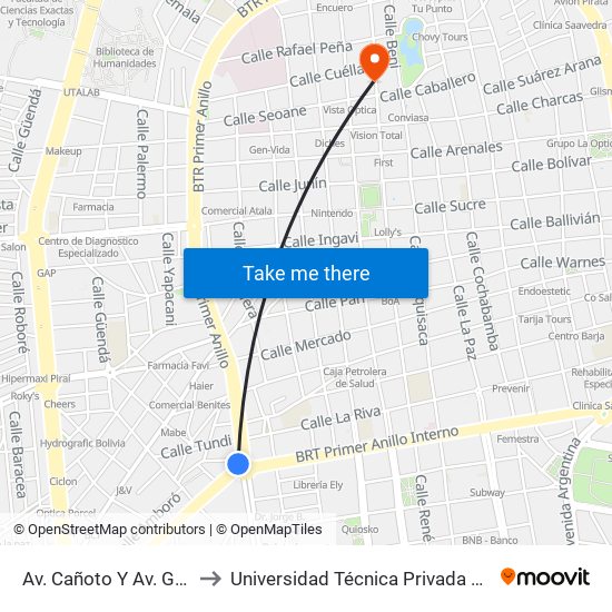 Av. Cañoto Y Av. Grigotá to Universidad Técnica Privada Cosmos map