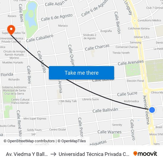 Av. Viedma Y Ballivían to Universidad Técnica Privada Cosmos map