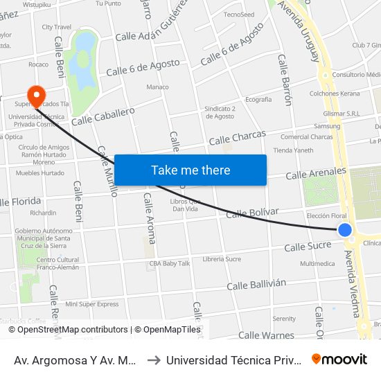 Av. Argomosa Y Av. Melchor Pinto to Universidad Técnica Privada Cosmos map